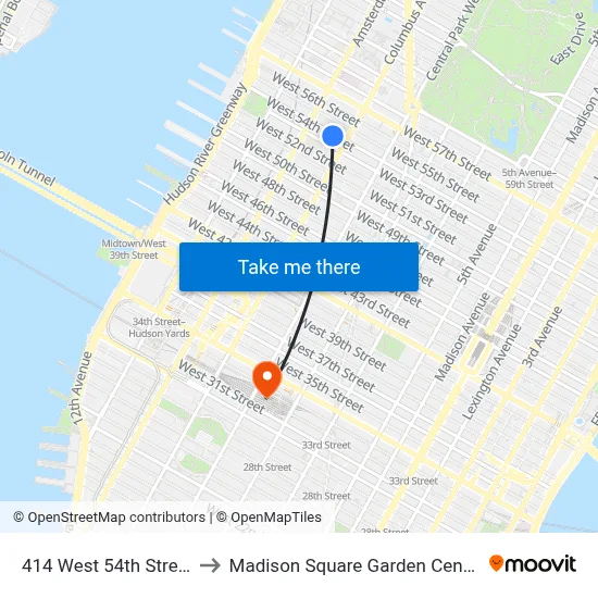 414 West 54th Street to Madison Square Garden Center map