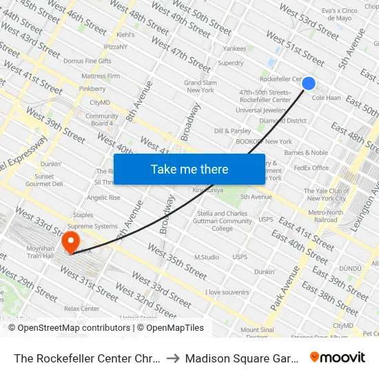 The Rockefeller Center Christmas Tree to Madison Square Garden Center map