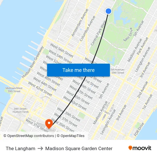 The Langham to Madison Square Garden Center map