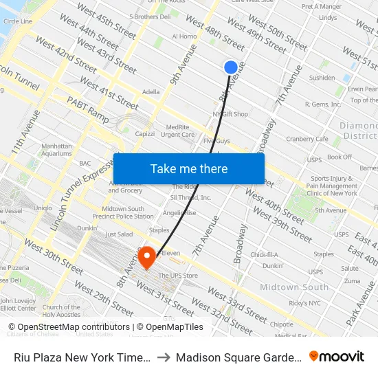 Riu Plaza New York Times Square to Madison Square Garden Center map
