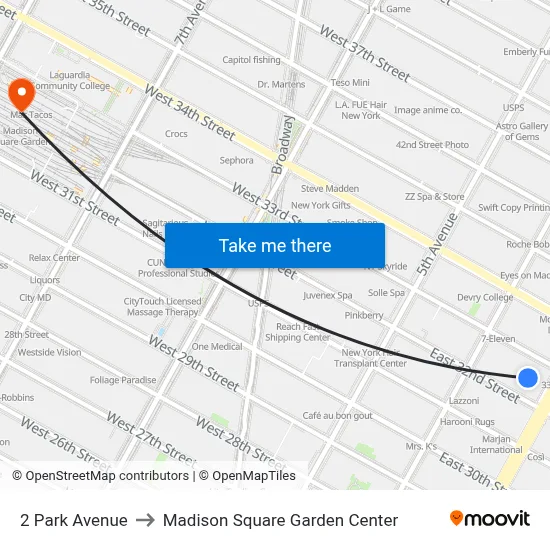 2 Park Avenue to Madison Square Garden Center map