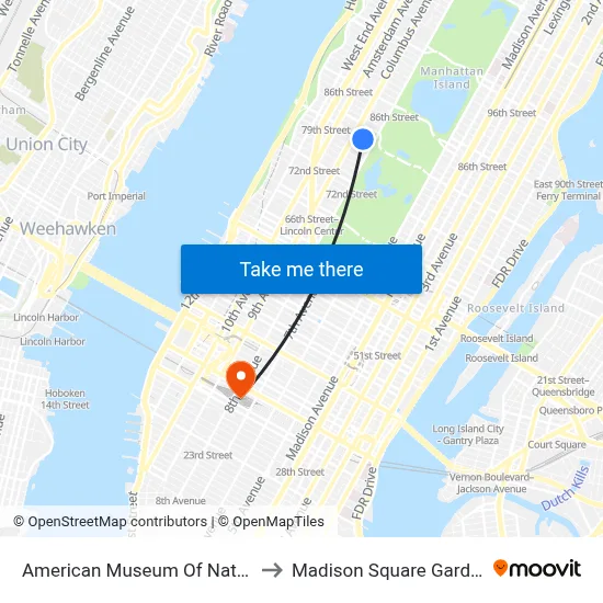 American Museum Of Natural History to Madison Square Garden Center map