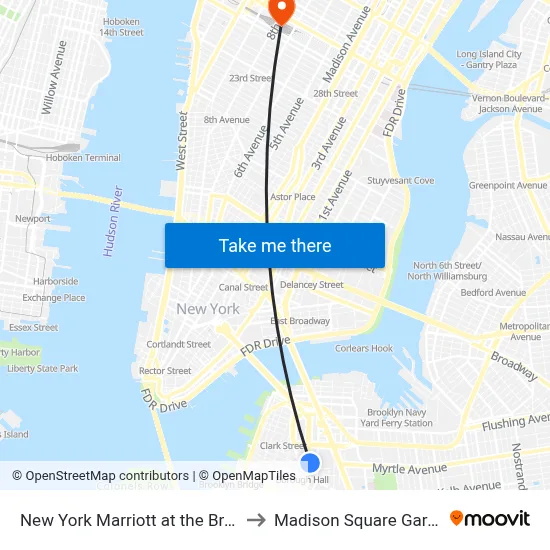 New York Marriott at the Brooklyn Bridge to Madison Square Garden Center map