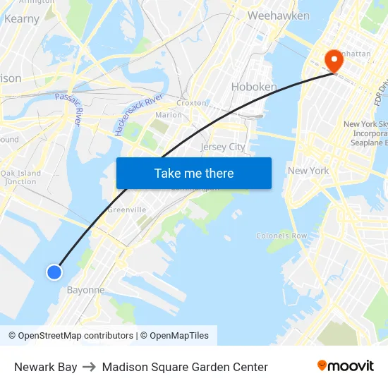 Newark Bay to Madison Square Garden Center map