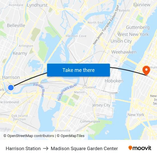 Harrison Station to Madison Square Garden Center map