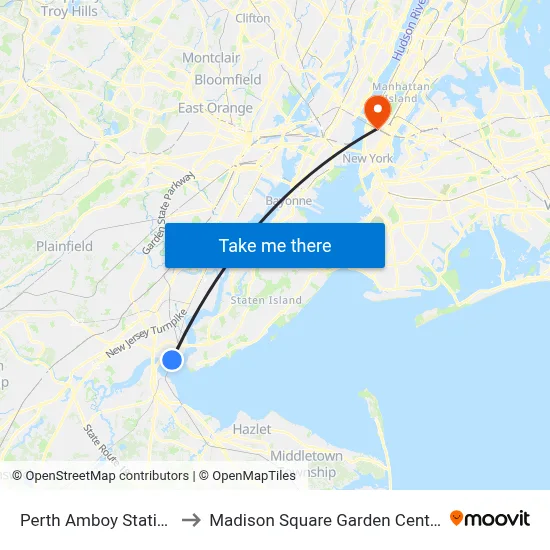 Perth Amboy Station to Madison Square Garden Center map