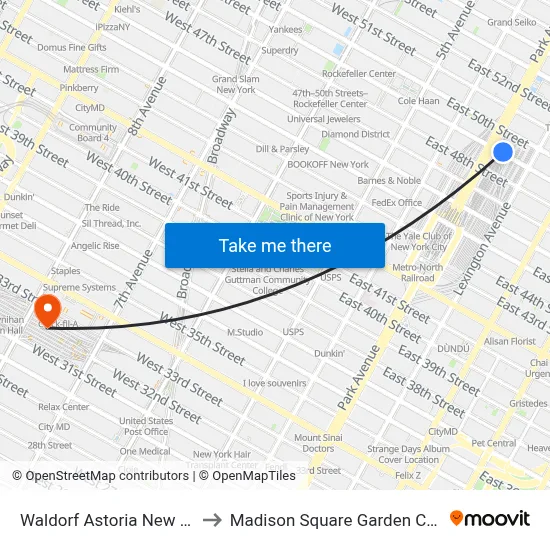 Waldorf Astoria New York to Madison Square Garden Center map