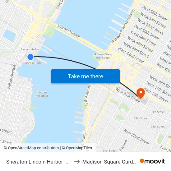 Sheraton Lincoln Harbor Weehawken to Madison Square Garden Center map