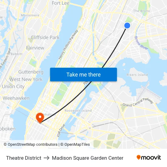 Theatre District to Madison Square Garden Center map