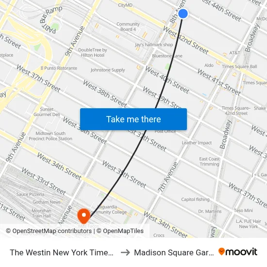 The Westin New York Times Square Hotel to Madison Square Garden Center map