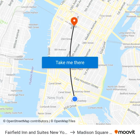 Fairfield Inn and Suites New York Manhattan Downtown to Madison Square Garden Center map