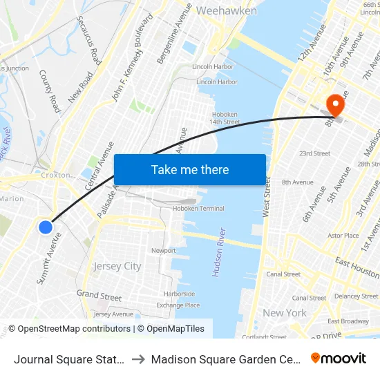 Journal Square Station to Madison Square Garden Center map