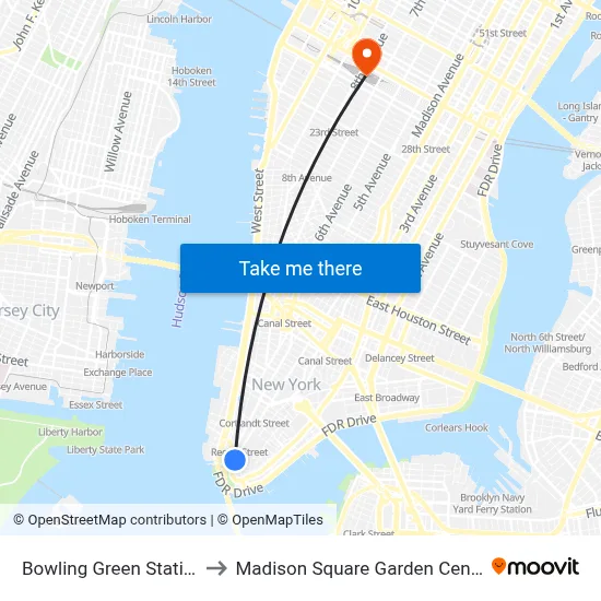 Bowling Green Station to Madison Square Garden Center map