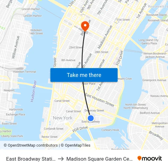 East Broadway Station to Madison Square Garden Center map
