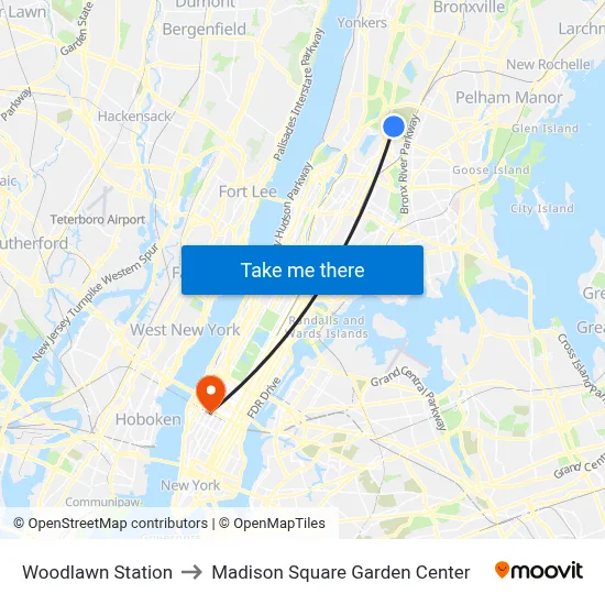 Woodlawn Station to Madison Square Garden Center map