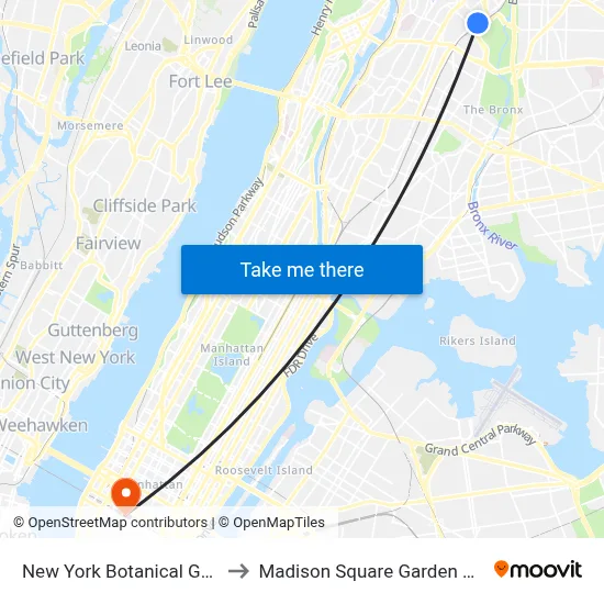 New York Botanical Garden to Madison Square Garden Center map