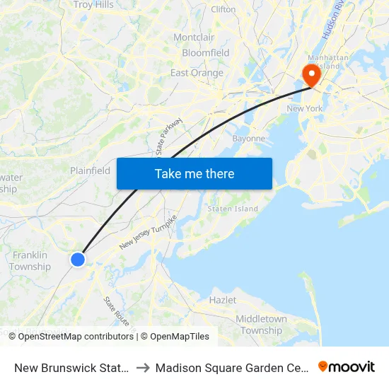 New Brunswick Station to Madison Square Garden Center map