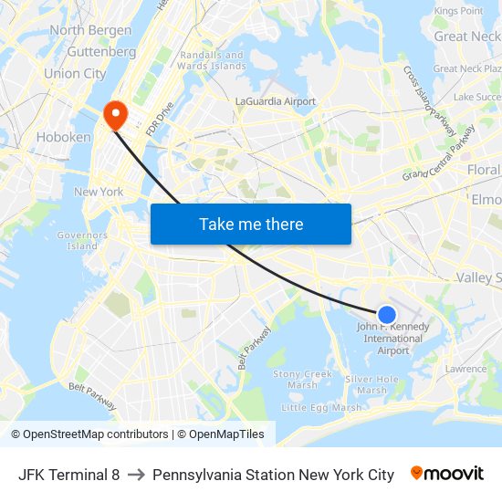 JFK Terminal 8 to Pennsylvania Station New York City map