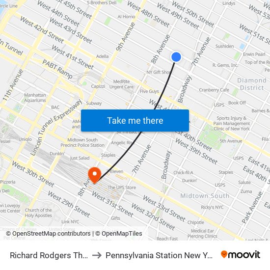 Richard Rodgers Theatre to Pennsylvania Station New York City map
