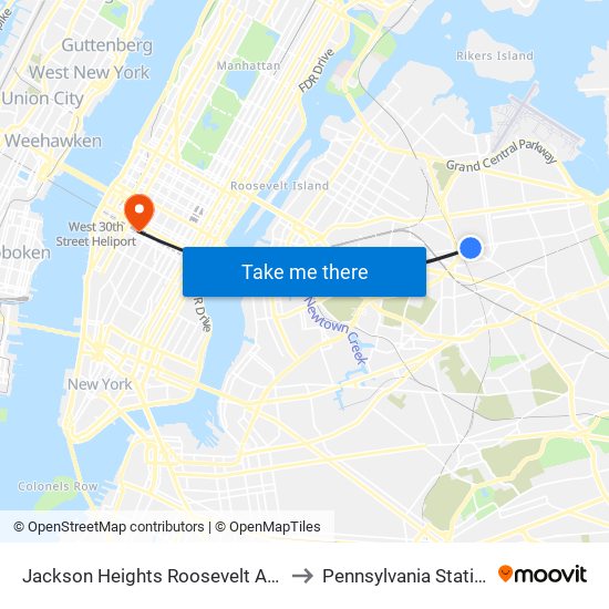 Jackson Heights Roosevelt Avenue 74th Street Station to Pennsylvania Station New York City map