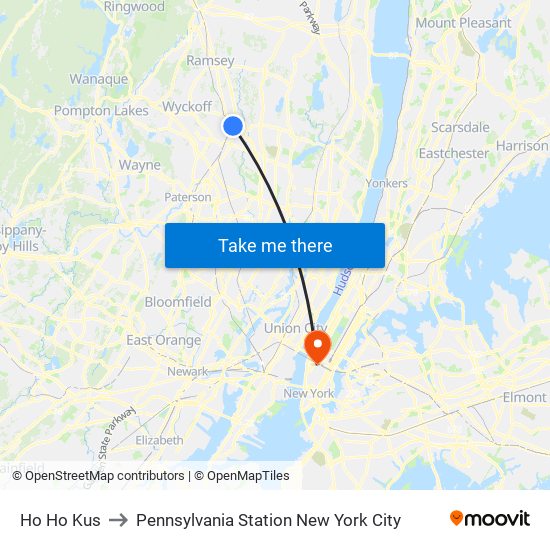 Ho Ho Kus to Pennsylvania Station New York City map
