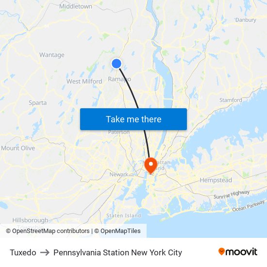 Tuxedo to Pennsylvania Station New York City map