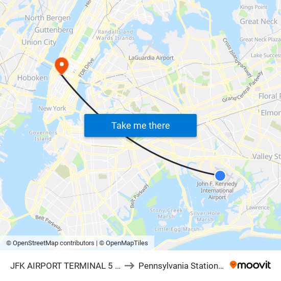 JFK AIRPORT TERMINAL 5 AirTrain STATION to Pennsylvania Station New York City map