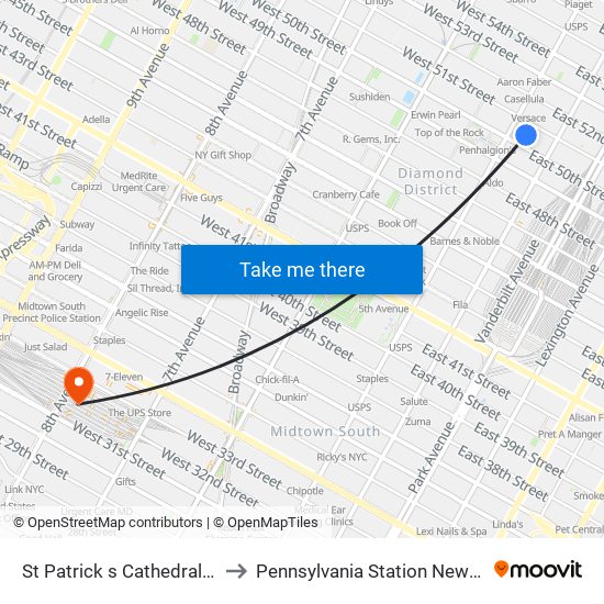 St Patrick s Cathedral NY USA to Pennsylvania Station New York City map