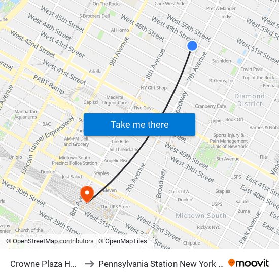 Crowne Plaza Hotel to Pennsylvania Station New York City map