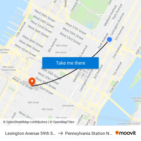 Lexington Avenue 59th Street Station to Pennsylvania Station New York City map