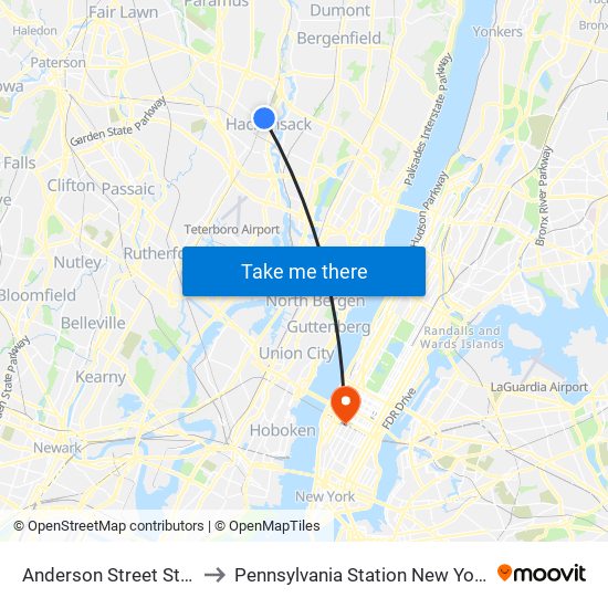 Anderson Street Station to Pennsylvania Station New York City map