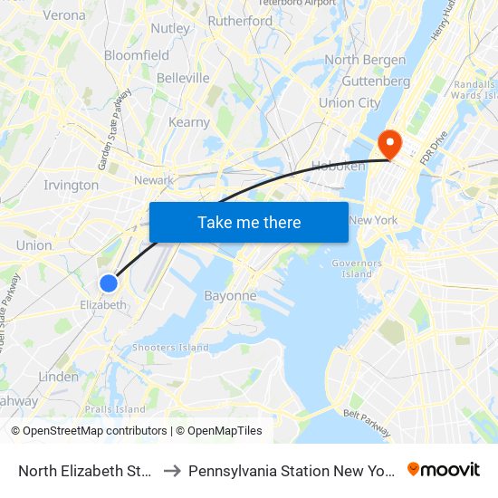 North Elizabeth Station to Pennsylvania Station New York City map