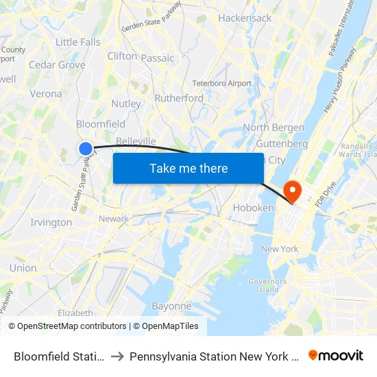 Bloomfield Station to Pennsylvania Station New York City map