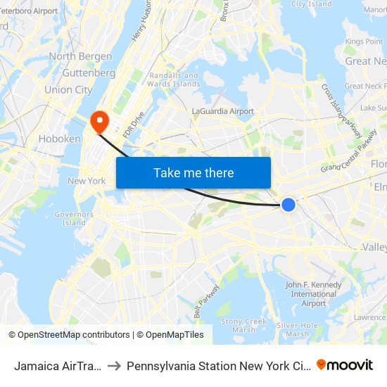 Jamaica AirTrain to Pennsylvania Station New York City map