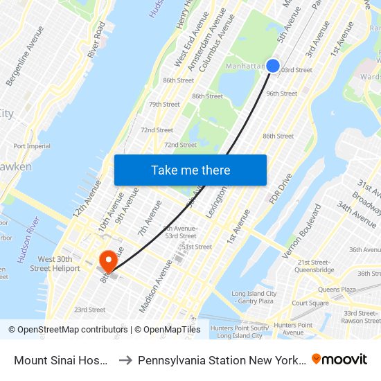 Mount Sinai Hospital to Pennsylvania Station New York City map