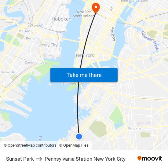 Sunset Park to Pennsylvania Station New York City map