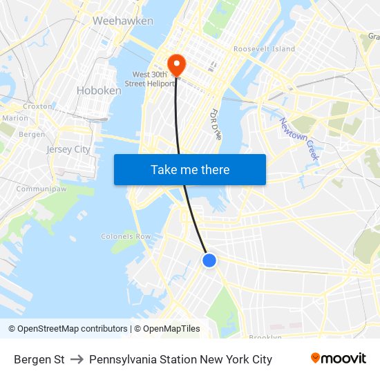 Bergen St to Pennsylvania Station New York City map