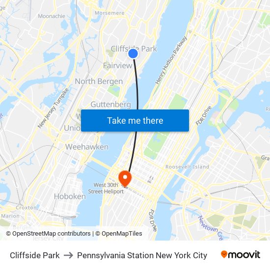 Cliffside Park to Pennsylvania Station New York City map