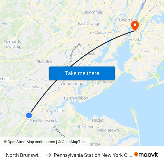 North Brunswick to Pennsylvania Station New York City map
