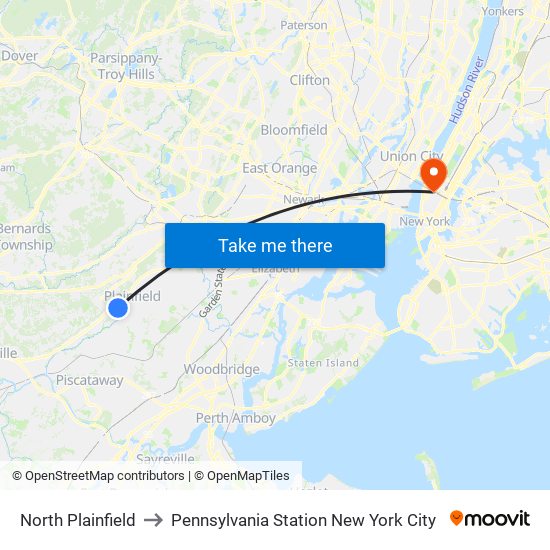 North Plainfield to Pennsylvania Station New York City map