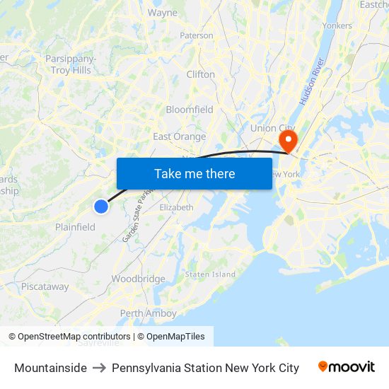 Mountainside to Pennsylvania Station New York City map