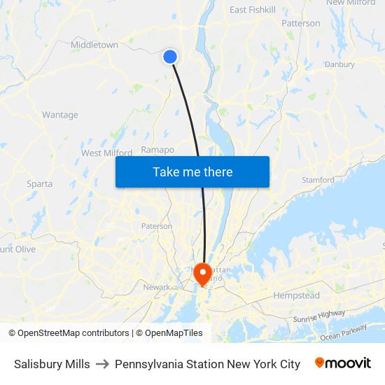 Salisbury Mills to Pennsylvania Station New York City map