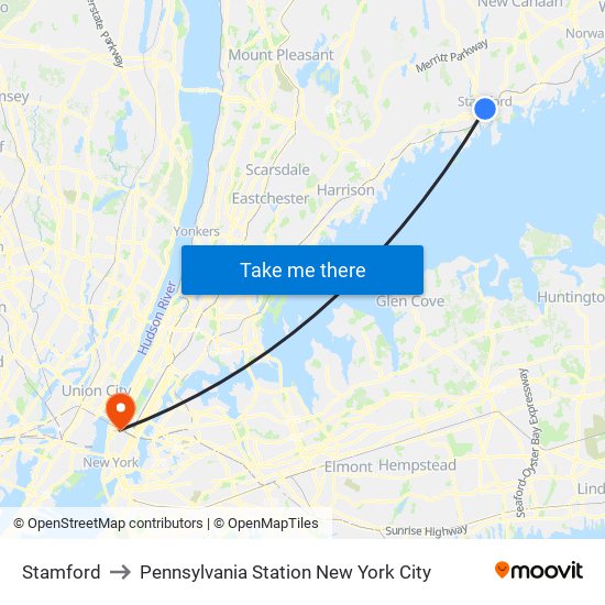 Stamford to Pennsylvania Station New York City map