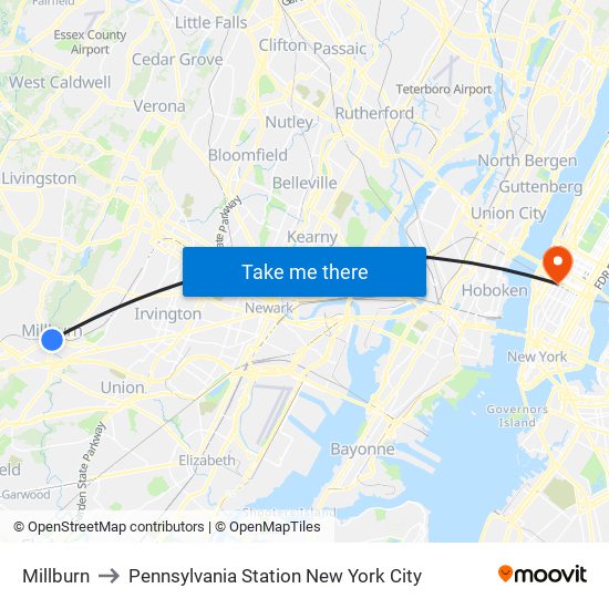 Millburn to Pennsylvania Station New York City map