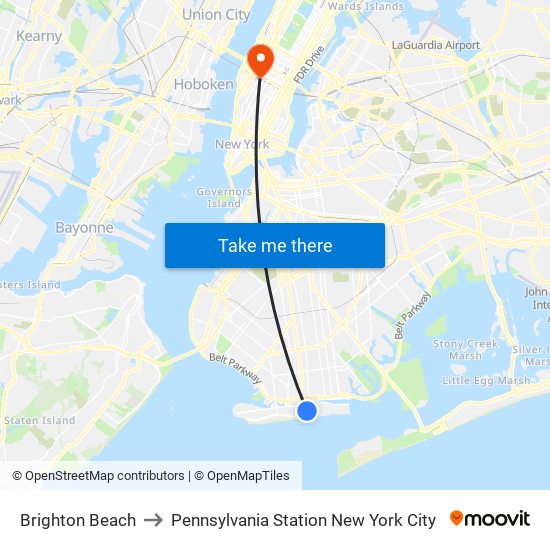 Brighton Beach to Pennsylvania Station New York City map