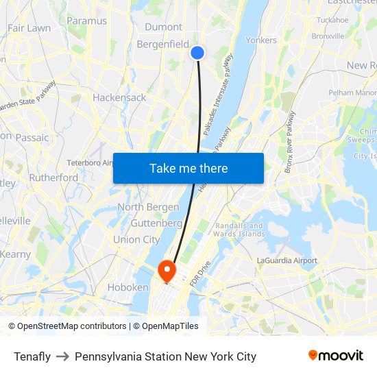 Tenafly to Pennsylvania Station New York City map