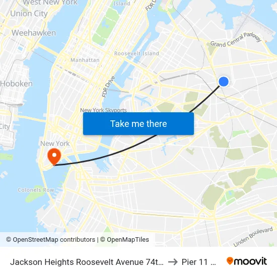 Jackson Heights Roosevelt Avenue 74th Street Station to Pier 11 Wall St map