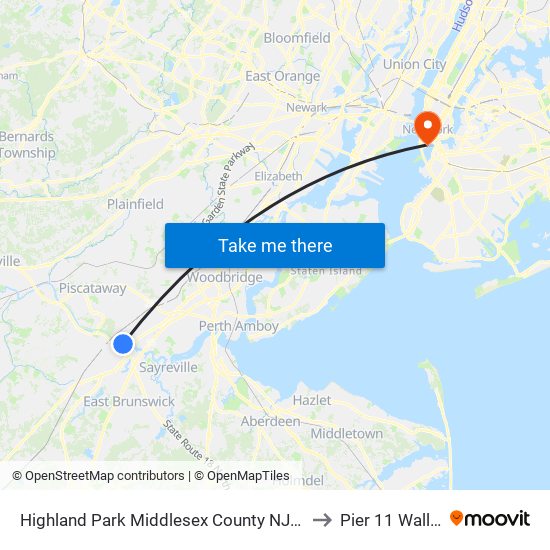 Highland Park Middlesex County NJ USA to Pier 11 Wall St map