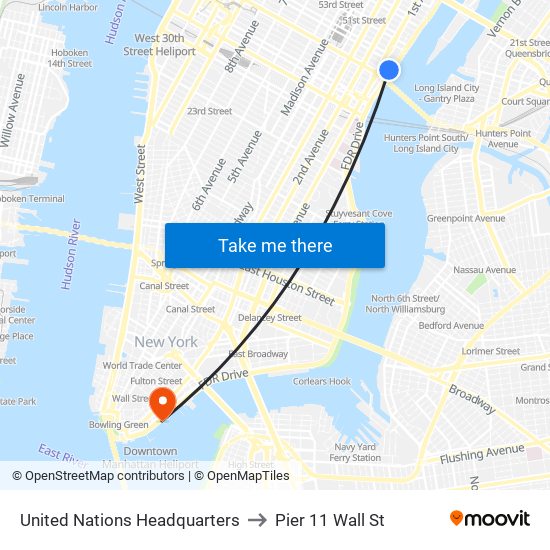 United Nations Headquarters to Pier 11 Wall St map