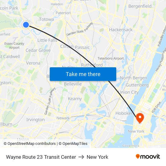 Wayne Route 23 Transit Center to New York map